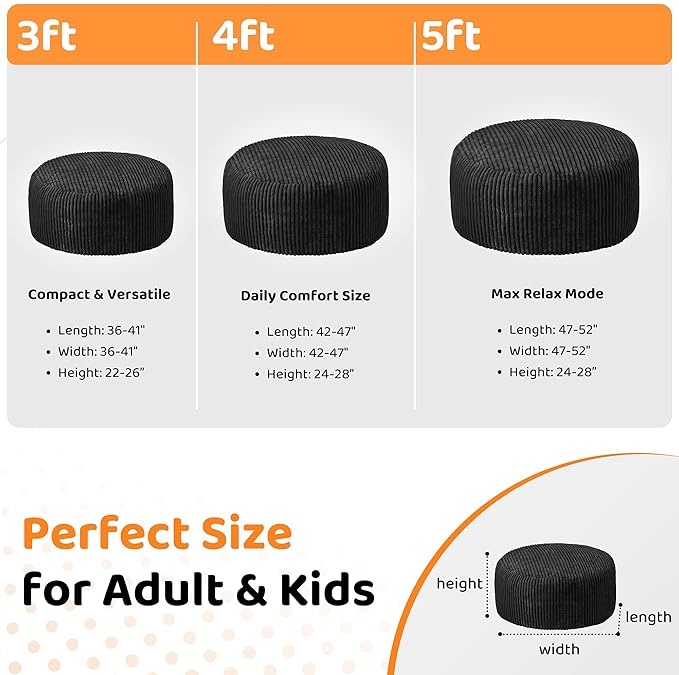HABUTWAY 3FT Bean Bag Chair, 3' Large Bean Bag Chairs for Adults with Removable Stripe Plush Cover, Memory Foam Beanbag Chair for Living Room Bedroom Dorm (Black)