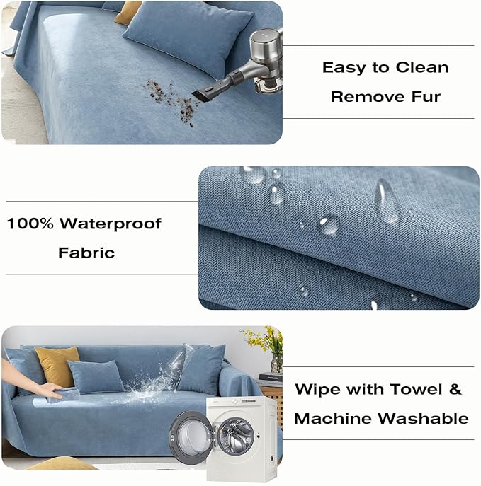 STACYPIK 100% Waterproof Blue Couch Cover for Pets, Sectional L Shape Sofa Cover for 2 Cushion Couch, Anti-Cat Scratch Furniture Protector Cover, Anti Slip Sofa Throw Cover for Dogs Kids-71x102IN