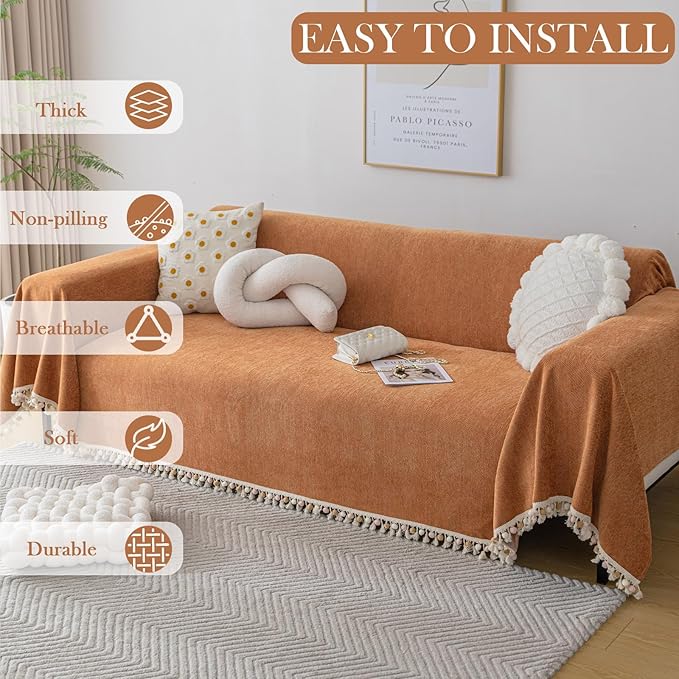 HANDONTIME Dark Orange Sofa Covers Couch Cover for Dogs Colorful Tassel Sofa Seat Cover Lovetseat Covers Pet Couch Cover Bohemian Sofa Cover for Couch Vintage Boho Couch Covers Futon Cover, 71" X134"