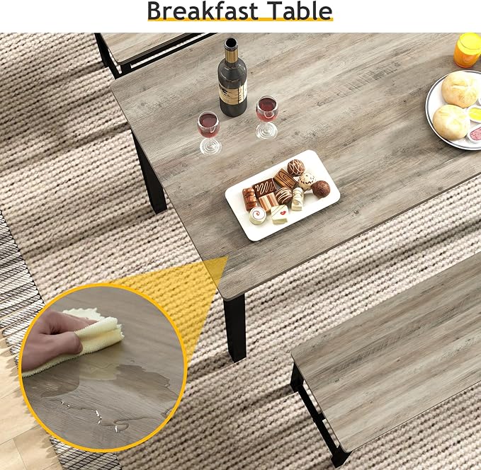 Rovibek Dining Room Table Chairs Set for 4, Modern Space Saving Kitchen Table with 2 Benches & Adjustable Feet Breakfast Table, Farmhouse Wooden Industrial Style, 43", Grey