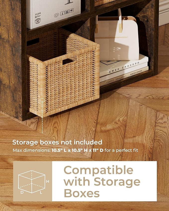 GTPLAYER 6-Cube Storage Organizer, Fits 11" Bins, Vertical or Horizontal Use, Opening Bookshelf, Partial Back Panels, Stackable Design Bookcase, for Closet, Bedroom, Home Office, Rustic Brown