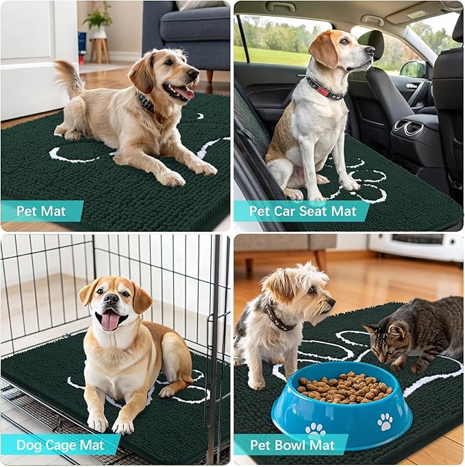 OLANLY Door Mat for Muddy Dog Paws 30x20, Absorbent Chenille Mud Doormat with Paw Print Design, Non-Slip Washable Doormat for Indoor Entryway, Quick-Dry Pet Bed Mats for Dirty Dogs, Blackish Green