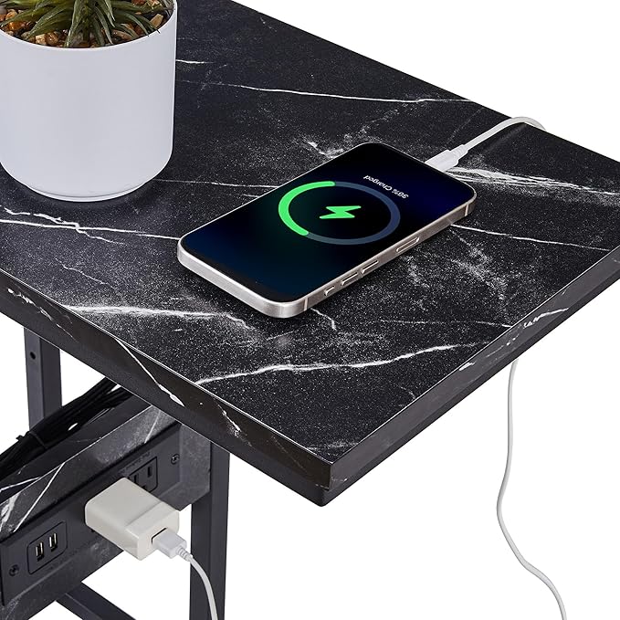 VECELO C Shaped End Side Table with Charging Station & Power Outlets for Couch Sofa/Bed, Snack TV Tray with Metal Frame for Living Room Bedroom 2 Set, Black Marble