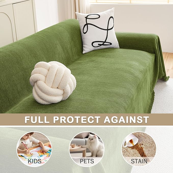 hyha Couch Cover for Dogs, Boho Sofa Covers for 3 Cushion Couch Washable, Chenille Sofa Slipcover for Pets, Soft Loveseat Sectional Couch Throw Blankets with Tassels (Green, 88.5x118 Inch)