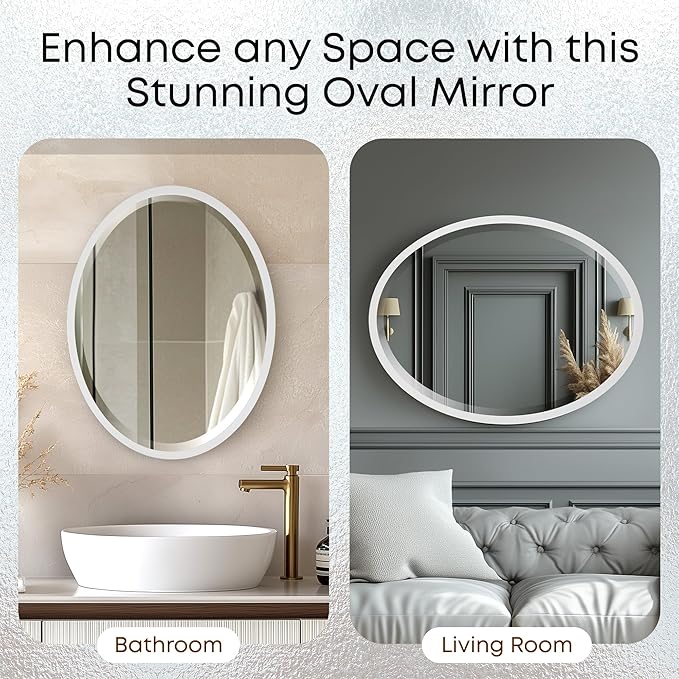 OVALCREST - Oval Wooden Beveled Wall Mirror for Home Decor, Bathroom, Vanity, Bedroom, Living Room, Hallway - London Style (Linen White) 23.1 x 29.1