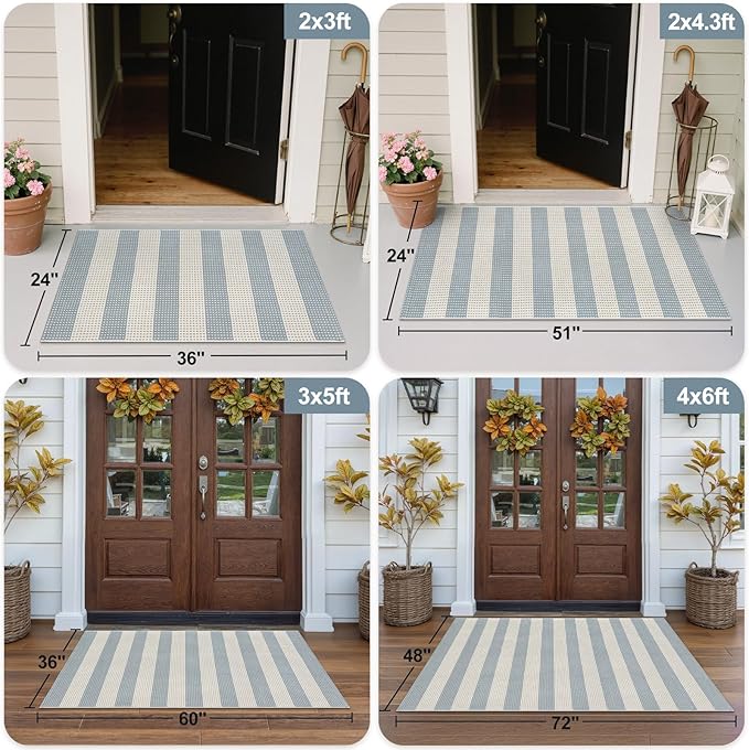 OJIA Washable Outdoor Rug 3'x5', Blue/White/Tan Outdoor Area Rug Entryway Rugs Indoor Door Mat Front Porch Rug Cotton Small Checkered Rug Floor Carpet for Entry/Patio/Bedroom/Living Room