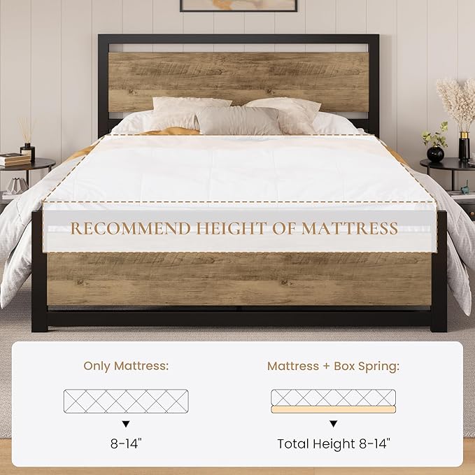 SHA CERLIN Full Size Bed Frame with Modern Headboard, Heavy Duty Platform Metal Base with Square Footboard and 13 Strong Slats Support, No Box Spring Needed, Brown