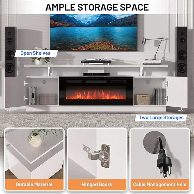 70'' Fireplace TV Stand, Entertainment Center with 36'' Firplace, 2 Tier TV Console Cabinet with Storage Cabinet, Electric Fireplace Heater with LED Light and 12 Flame Colors, White