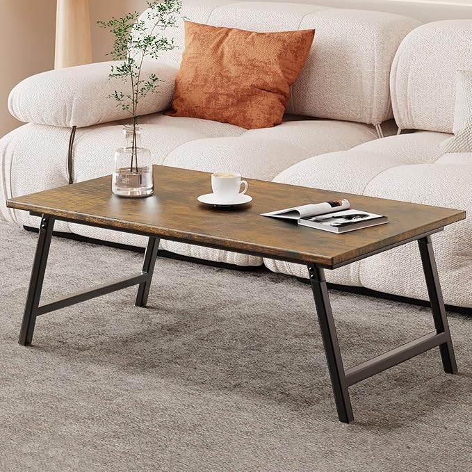 Folding Coffee Table, Portable Wood Low Table with Metal Legs, No Assembly Required, Small Foldable Floor Desk for Living Room/Tea Room/Small Spaces (39.4in x 23.6in x 15.8in) (Rustic Brown)