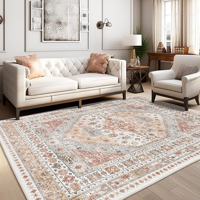 zesthome 4x6 Rug - Stain Resistant Washable Rug, Anti Slip Backing Rugs for Living Room, Foldable Vintage Small Area Rugs(Orange,4'x6')