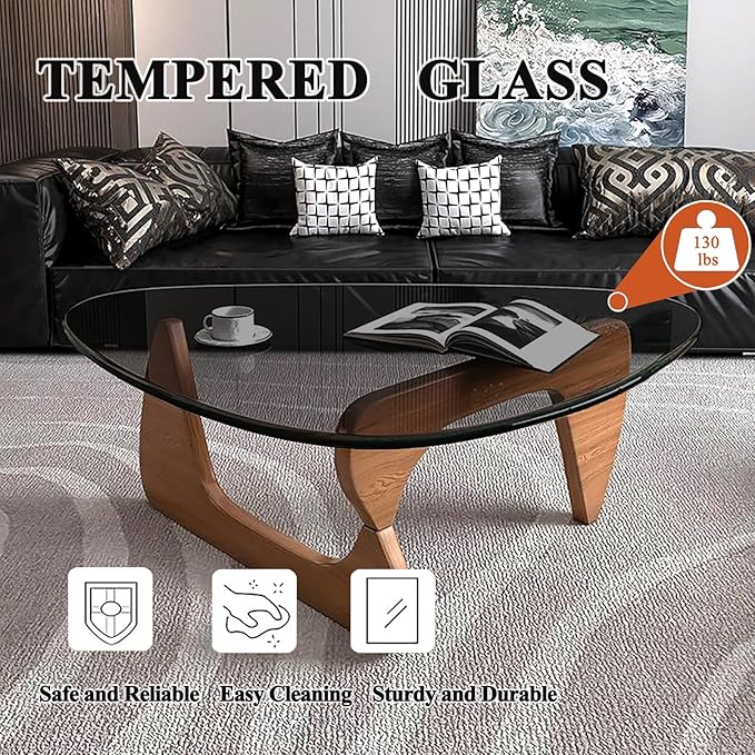 Modern Glass Coffee Table for Living Room, Mid Century Coffee Table, Stylish Coffee Tables, Suitable for Bedroom Living Room Reception Office Tables（Walnut/Grey，Large）