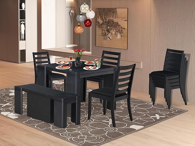 X07X1-B06-24 9-pc Modern Dining Room Table Set a Rectangular Dining Table and 2 wooden Benches and 7 Black Polyester Stackable Chair, 39x120 Inch, Wire Brushed Black