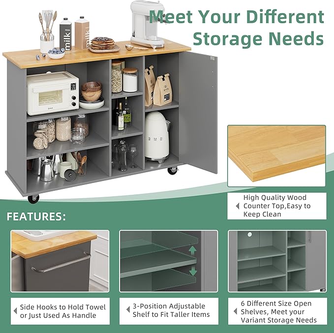 Shintenchi 47”W Kitchen Storage Island Cart with 6 Open Shelves and 1 Cabinet, Portable Trolley Cart with Wood Work Top and Handle/Towel Rack, Gray