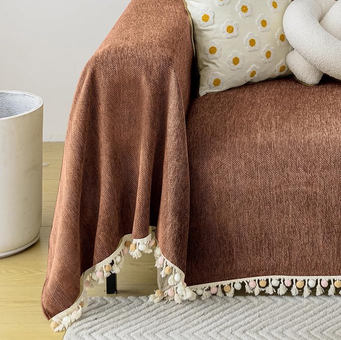 HANDONTIME Boho Style Sofa Cover with Tassels, Washable & Non-Slip Couch Cover for 3 Cushion Sofa, Herringbone Pattern Pet-Friendly Sofa Slipcover, Chocolate Color, 71"x118", Living Room Decor