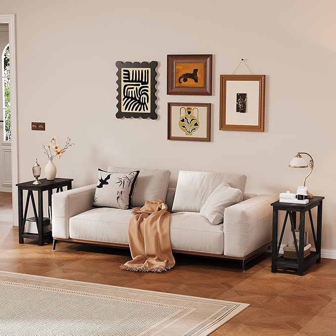 ChooChoo Farmhouse End Table, Narrow Side Table, Slim End Table with Storage Shelf for Small Spaces, Rustic Nightstand, for Living Room, Bedroom Black
