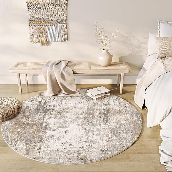 5x5 Washable Round Rug Brown Grey Neutral Abstract Living Room Bedroom Non Slip Low Pile Area Rug Office Entryway Indoor Doormat Soft Carpet for Entrance Bathroom Kitchen