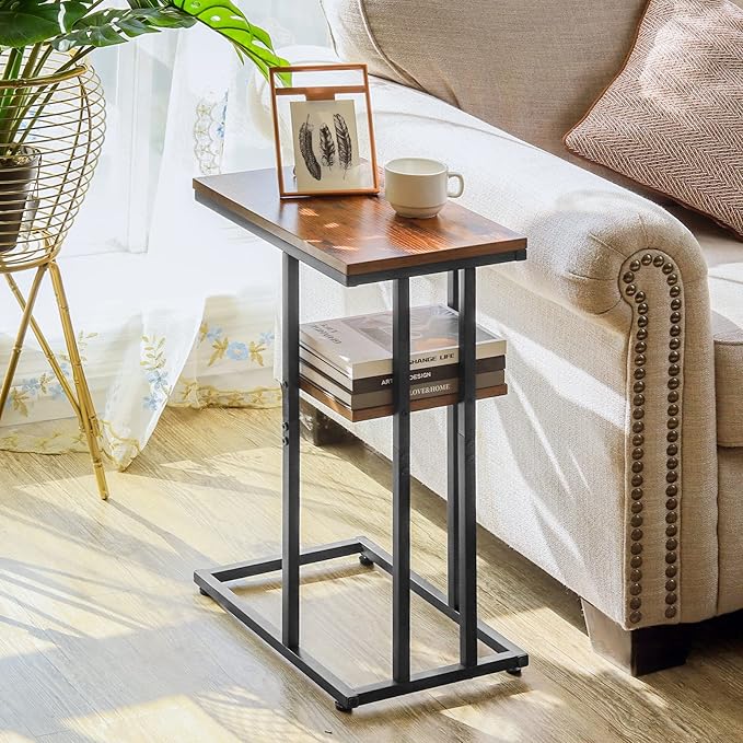 Yoobure C Table End Table Set of 2, Side Tables Living Room, C Shaped Side Table, Couch Tables That Slide Under Couch Table with Metal Frame, Rustic Snack Table for Bedroom/Small Spaces Large Desktop