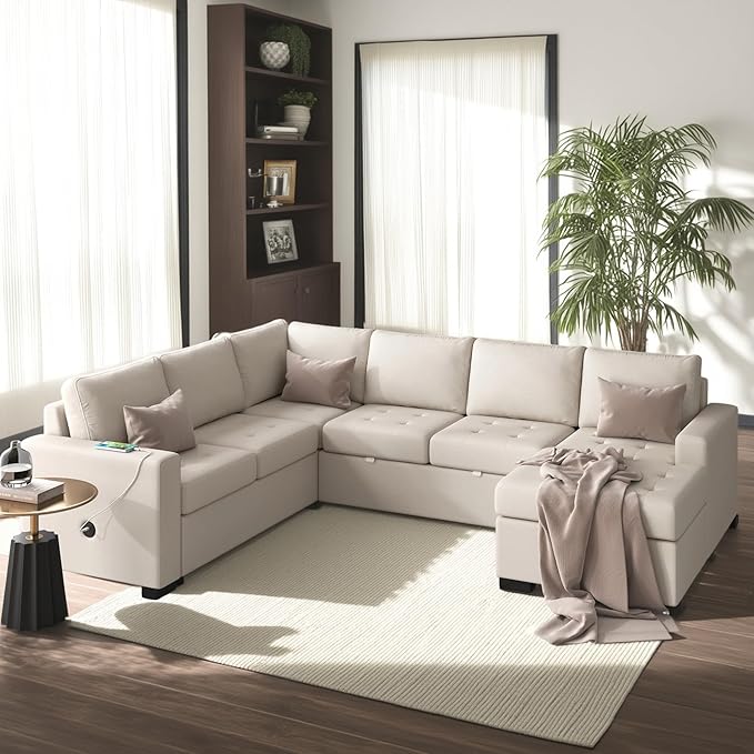 108.3 Inch Modular Sectional Sleeper Sofa with Pull-Out Bed and Lounge Chair, U-Shaped Combination Corner Couch w/USB & Type-C Interfaces, for Living Room Bedroom Office, Beige