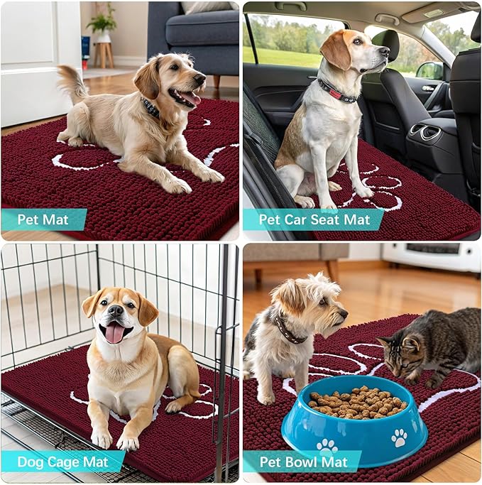 OLANLY Door Mat for Muddy Dog Paws 59x35, Ultra Absorbent Chenille Mud Doormat with Paw Print Design, Non-Slip Washable Doormat for Indoor Entryway, Quick-Dry Pet Bed Mats for Dirty Dogs, Burgundy