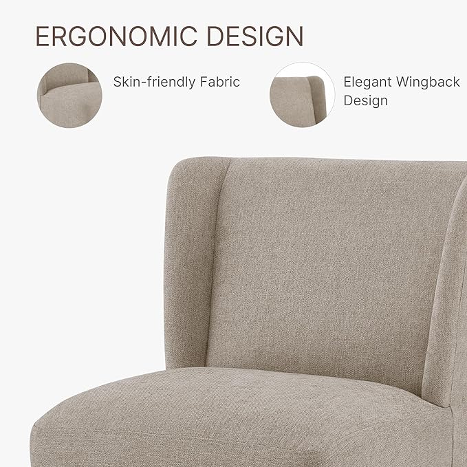 Upholstered Dining Chair with Casters Wingback Modern Side Armless Deskchair with Rollers for Diningroom Bedroom Livingroom Reading Room,Khaki,1 Box