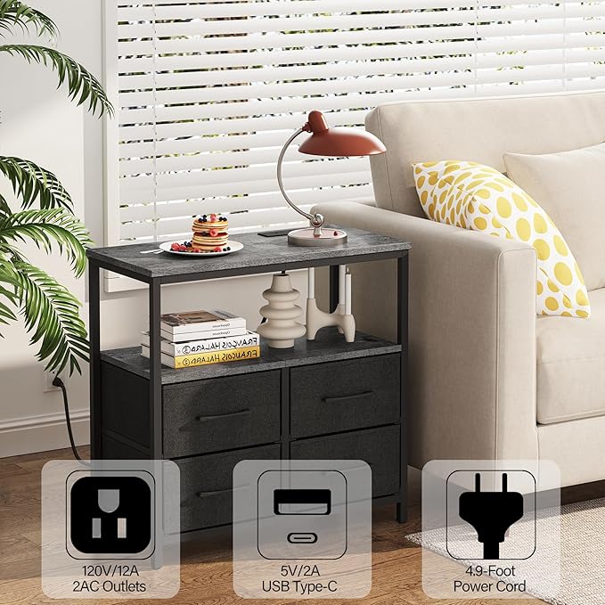 TUTOTAK LED Night Stand with Charging Station, Large Nightstand with USB and Type-C Port, Bedside Table with Cloth Drawers, End Table for Livingroom, Bedroom, Charcoal Grey TB01BY081L