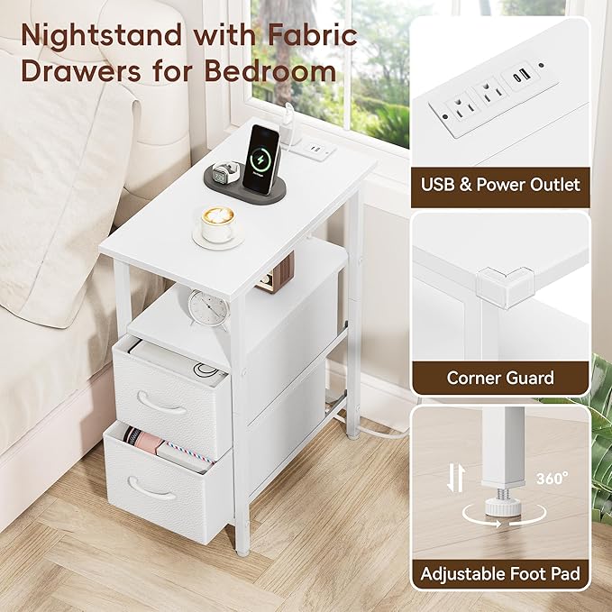 Vagusicc Set of 2 White Nightstand with Charging Station and LED Lights, Narrow Side Table, LED Night Stand with 2 Fabric Drawers, Bedside Table Small End Table, Tall Nightstand for Bedroom, White