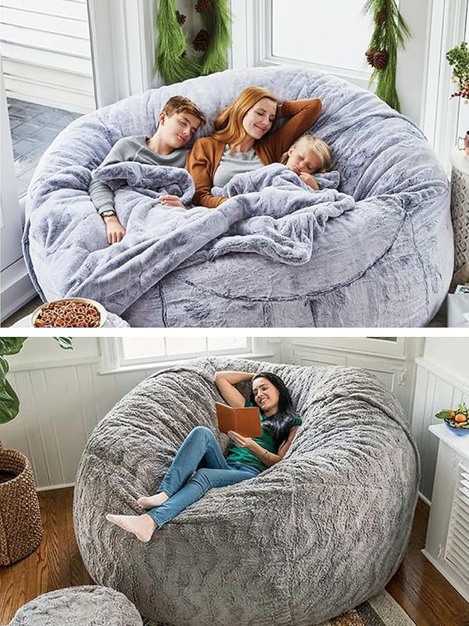 Bean Bag Chair for Adults Kids Without Filling Comfy Fluffy Giant Round Beanbag Lazy Sofa Cover for Reading Chair Floor Chair, 5FT, Black