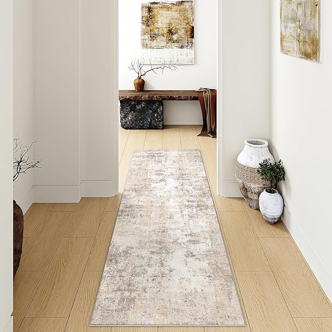 2x10 Washable Runner Rug Beige Grey Neutral Abstract Hallway Kitchen Living Room Bedroom Non Slip Throw Rug Soft Low Pile Indoor Carpet for Entrance Laundry Bathroom