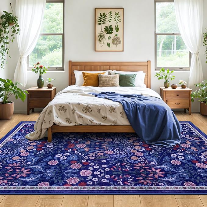 8x10 Area Rugs for Living Room: Floral Washable Rug Vintage Large Soft Boho Non-Slip Carpet Indoor Floor Stain Resistant Carpets for Bedroom Dining Room Farmhouse Nursery Home Office Blue