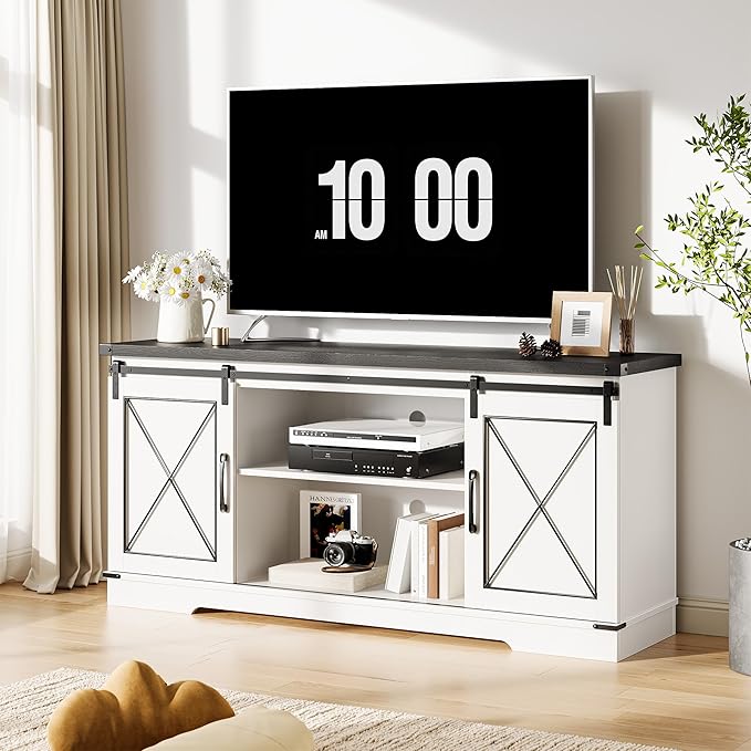 GarveeHome Farmhouse TV Stand for TV up to 65 Inches and Entertainment Center with Sliding Barn Doors and Adjustable Shelf, Tv Media Console Table with Storage Cabinet for Living Room, Bedroom, White