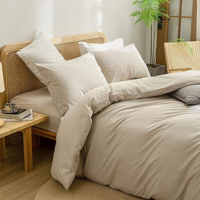 BESTOUCH Duvet Cover Set 100% Washed Cotton Linen Feel Super Soft Comfortable Chic Lightweight 3 PCs Home Bedding Set Solid Almond Milk Grey Queen