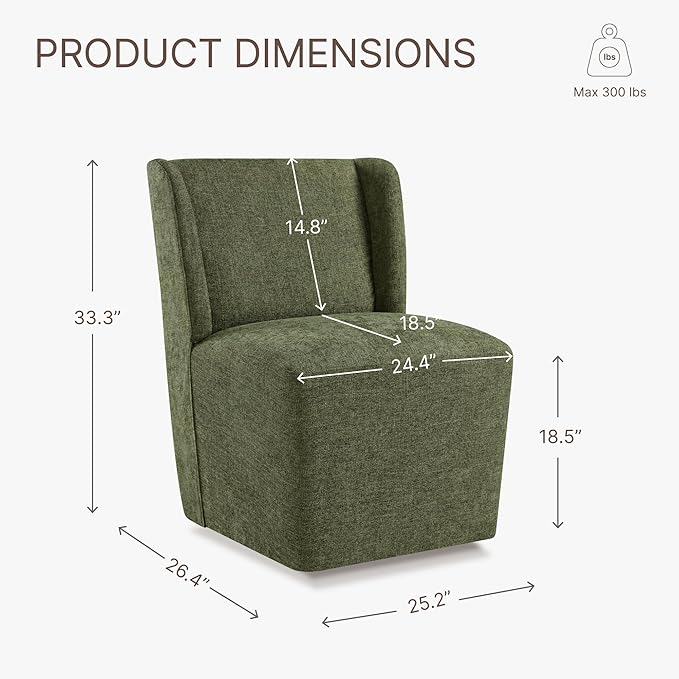 Upholstered Dining Chair with Casters Wingback Modern Side Armless Deskchair with Rollers for Diningroom Bedroom Livingroom Reading Room,Green,2 Box