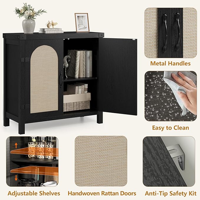 IDEALHOUSE Rattan Buffet Cabinet with Storage, Sideboard with Synthetic Rattan-Accent Doors, Adjustable Shelves, Storage Cabinet for Living Room Dining Room Hallway, Black