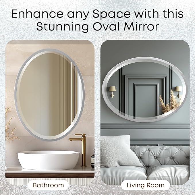OVALCREST - Oval Wooden Beveled Wall Mirror for Home Decor, Bathroom, Vanity, Bedroom, Living Room, Hallway - London Style (Silver Spray) 13.1 x 17.1