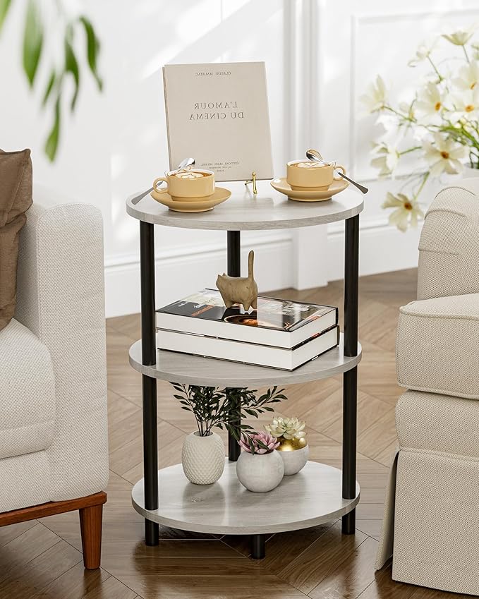 Small Round Side Table - 3-Tier Oval Accent Table for Small Spaces, Rustic Wood and Metal Couch End Table, Nightstand for Bedroom or End Table Living Room, Easy to Assemble, Greige