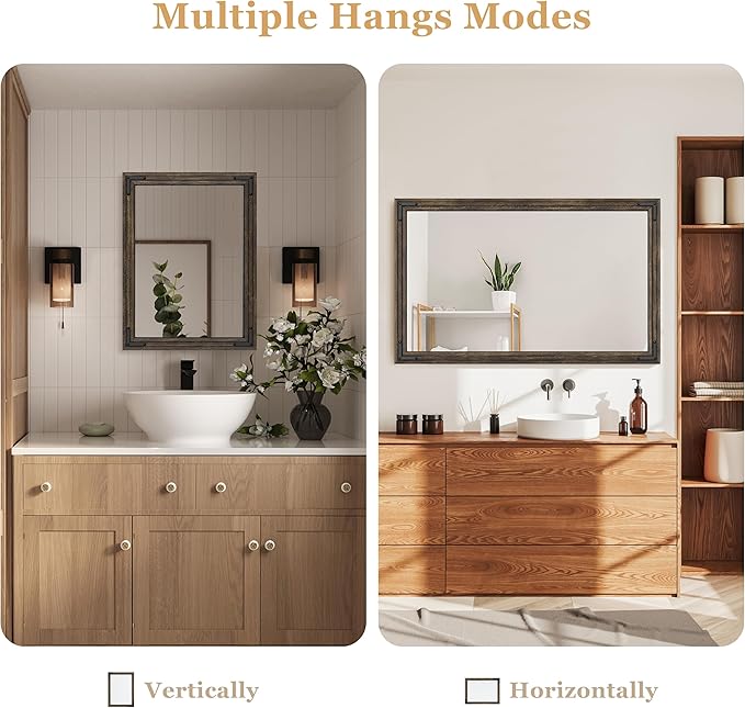 YOSHOOT Farmhouse Bathroom Mirror, Rustic Wood Mirror, Wooden Framed Vanity Mirror, Solid Wood & Handmade, Vertical or Horizontal Hanging for Bathroom Entryway Living Room Bedroom, 32" x 24", Brown