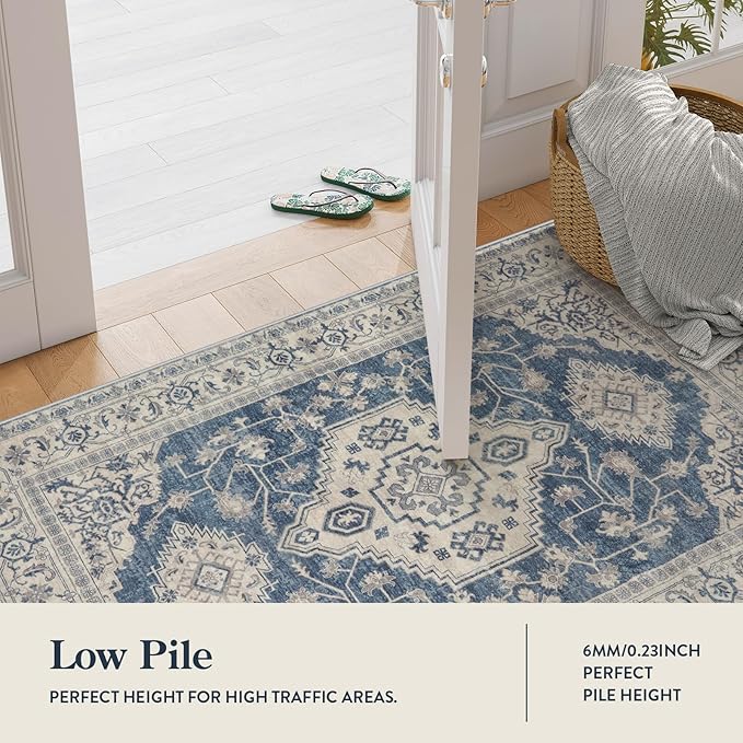 Lahome Oriental Area Rug, 3x5 Washable Rugs for Living Room Non Slip Entry Mat, Vintage Soft Pet Friendly Throw Carpet for Entryway Bedroom Dinning Room, Blue