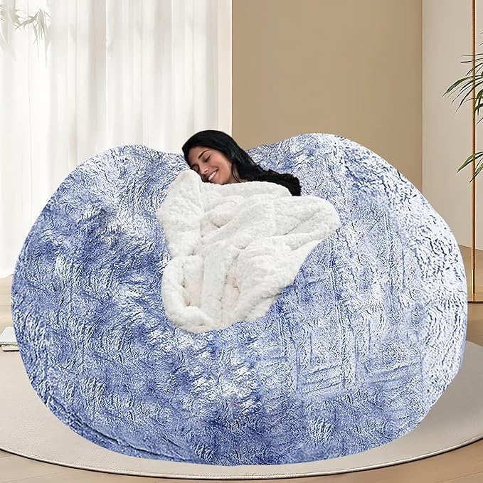 BCU 7FT Big Bean Bag for Adults Kids Without Filling Oversized Bean Bag Chair Cover for Stuffed Animal Storage, Silver Blue
