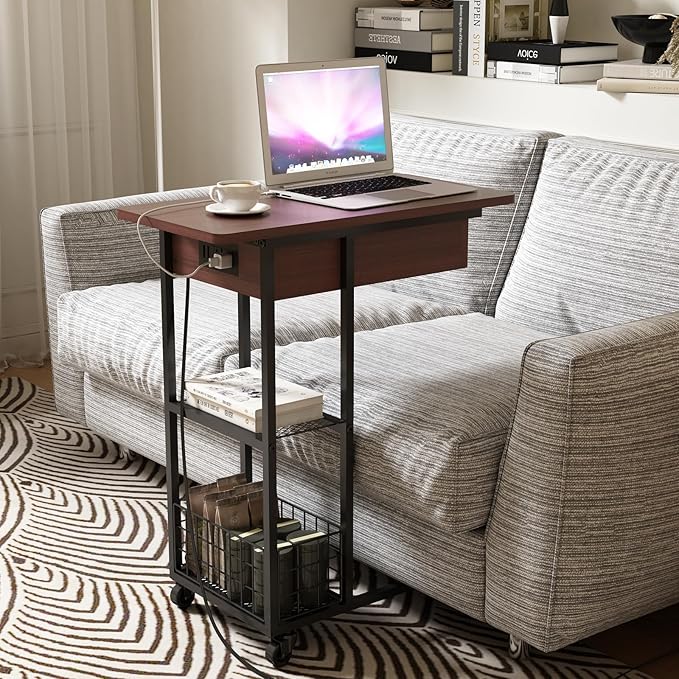 LIDYUK C Shaped End Table with Charging Station, Flip Top Side Table with USB Ports and Outlets, C Table Sofa Table with Storage Shelf for Living Room, Bedroom, Dark Cherry