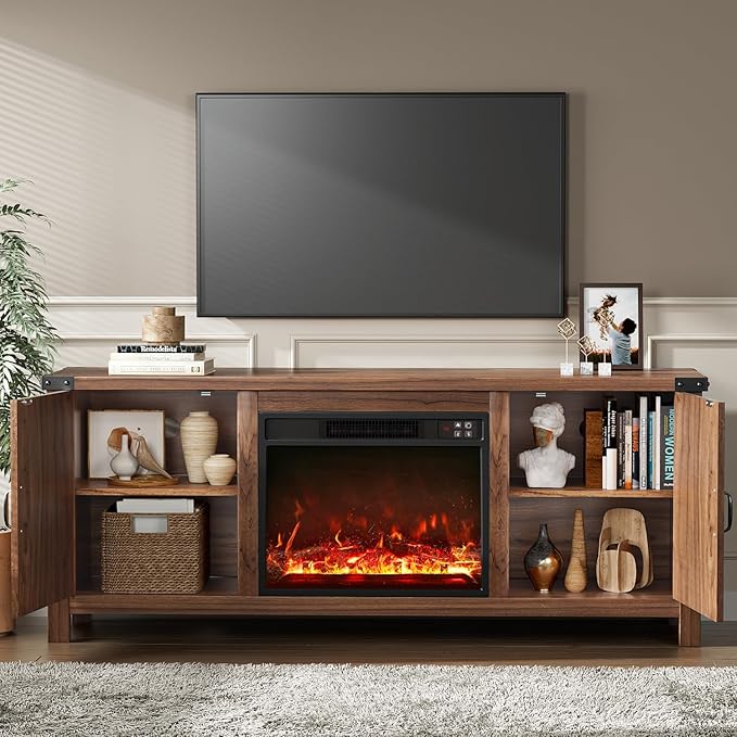 YESHOMY Fireplace TV Stand with Two Barn Doors and Storage Cabinets for Televisions up to 65+ Inch, Entertainment Center Console Table, Media Furniture for Living Room, 58 Inch, Brown