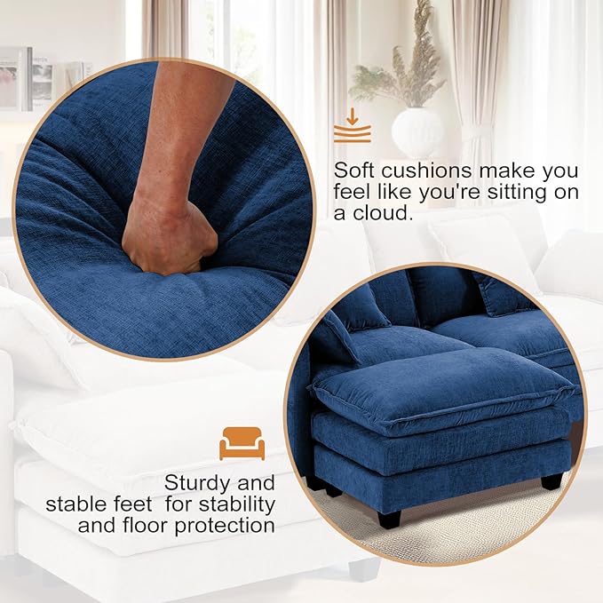 Furniliving Oversized Accent Chair with Ottoman, Luxury Chenille Single Sofa, Upholstered Deep Seat Chaise Lounge with Pillows for Living Room, Bedroom, Apartment, Blue
