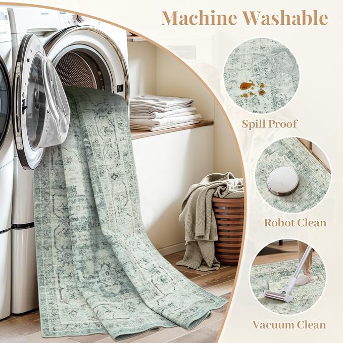 LIVEBOX Washable Area Rug 8x10 Rugs for Living Room Bedroom, Non-Slip Boho Indoor Carpet for Dining Room Office, Low-Pile Farmhouse Soft Carpets for Kids Nursery Playroom, Sage Green