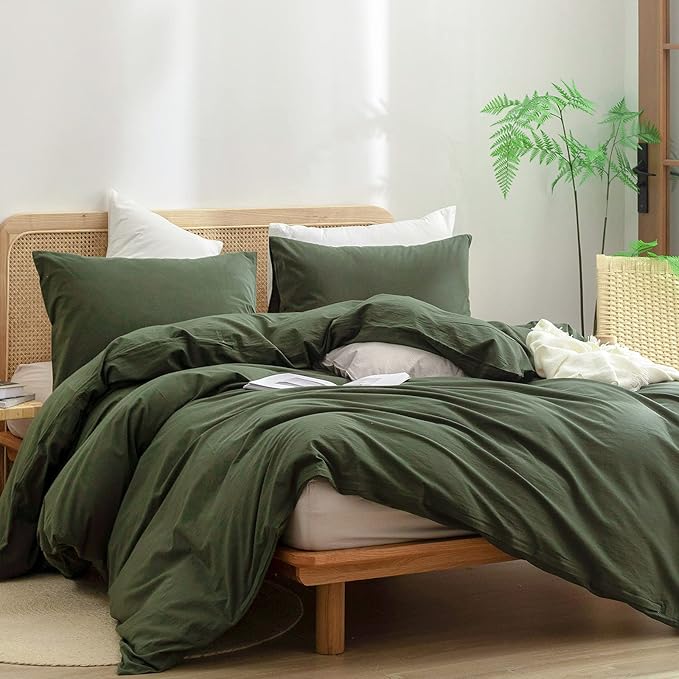 BESTOUCH Duvet Cover Set 100% Washed Cotton Linen Feel Super Soft Comfortable Chic Lightweight 3 PCs Home Bedding Set Solid Olive Green Super King