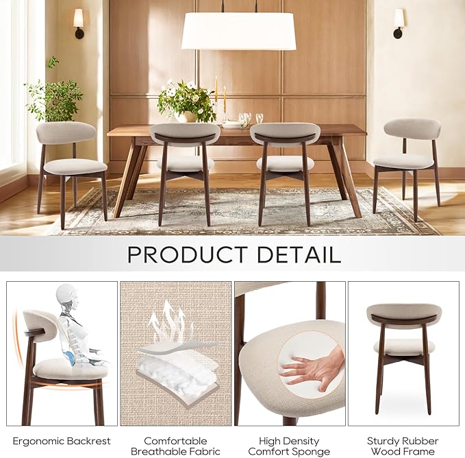 COLAMY Wooden Dining Chairs Set of 6, Modern Upholstered Fabric Dining Room Chair, Farmhouse Kitchen Side Chairs with Foot Pegs, Beige