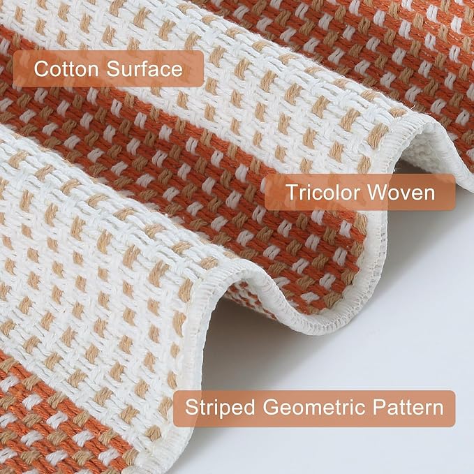 OJIA Outdoor Patio Rug 5'x7', Striped Outdoor Rugs Washable Checkered Area Rugs Cotton Woven Indoor Accent Rugs for Bedroom/Living Room/Front Porch/Deck/Backyard/Camping (Orange/White/Tan)