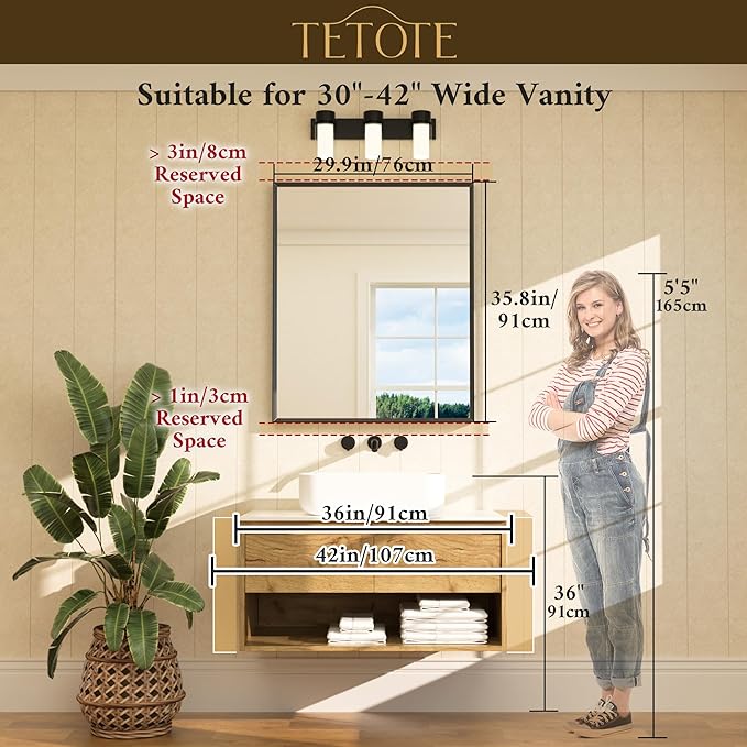 TETOTE Black Mirror for Bathroom Sink 30" x 36" Matte Black Beveled Metal Frame Bathroom Vanity Rectangle Mirror for Wall, Modern Farmhouse, Tempered Glass, Shatterproof, Stronger Frame