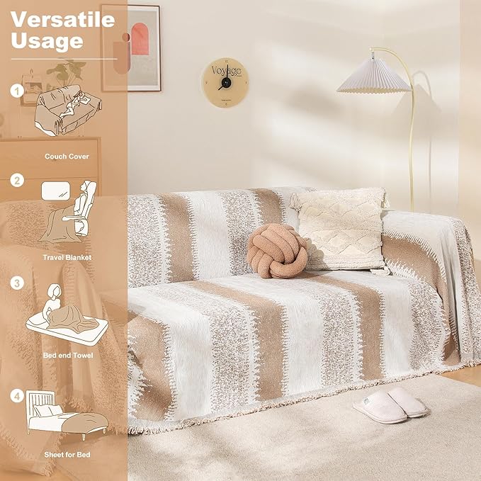 Boho Sofa Cover, Couch Covers for 3 Cushion Couch Sofa Pet Friendly, Sofa Cover Washable, Soft Chenille Living Room Couch Covers Slipcover, Pet Furniture Protecto(1# Khaki, 71" x 134")