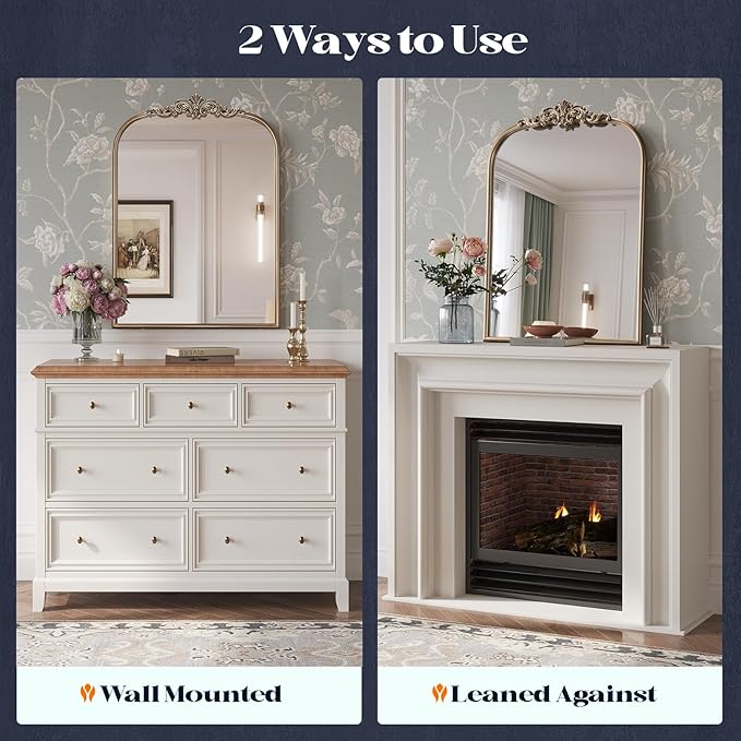 Antique Baroque Gold Mirror, 24” x 32” Vintage Vanity Mirror for Fireplace Mantel, Arch Bathroom Mirror for Wall with Ornate Metal Frame for Entryway Bedroom Living Room