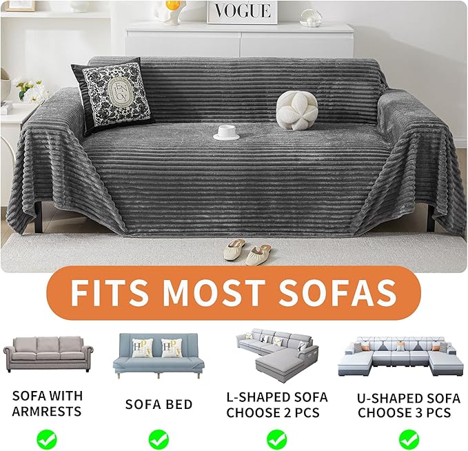 HAOMAIJIA Faux Fur Sofa Covers Couch Covers for 2 Cushion Couch Sofa Pet Friendly Soft Non Slip Couch Cover for Dogs Washable Sectional Couch Covers L Shape Furniture Protector (Grey, 91"x118")