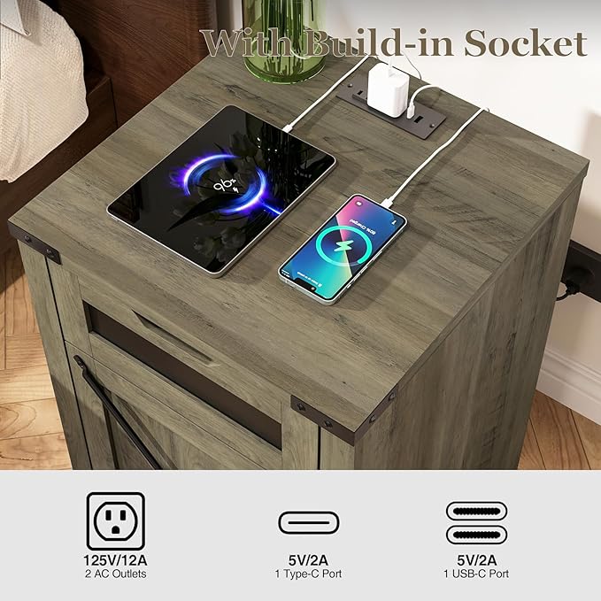 Farmhouse End Table with Charging Station, 26.4" Tall Rustic Nightstand with Drawer and X Barn Door, Country Bedside Sofa Side Table for Living Room, Grey